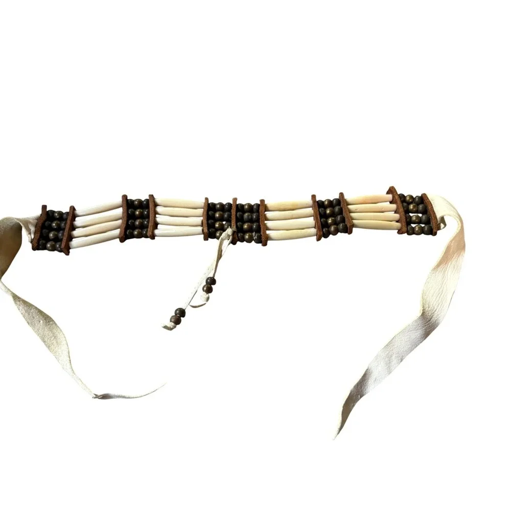 Vintage Style Bone Hairpipe Choker Necklace Leather Tie Wood Bead Tribal Boho